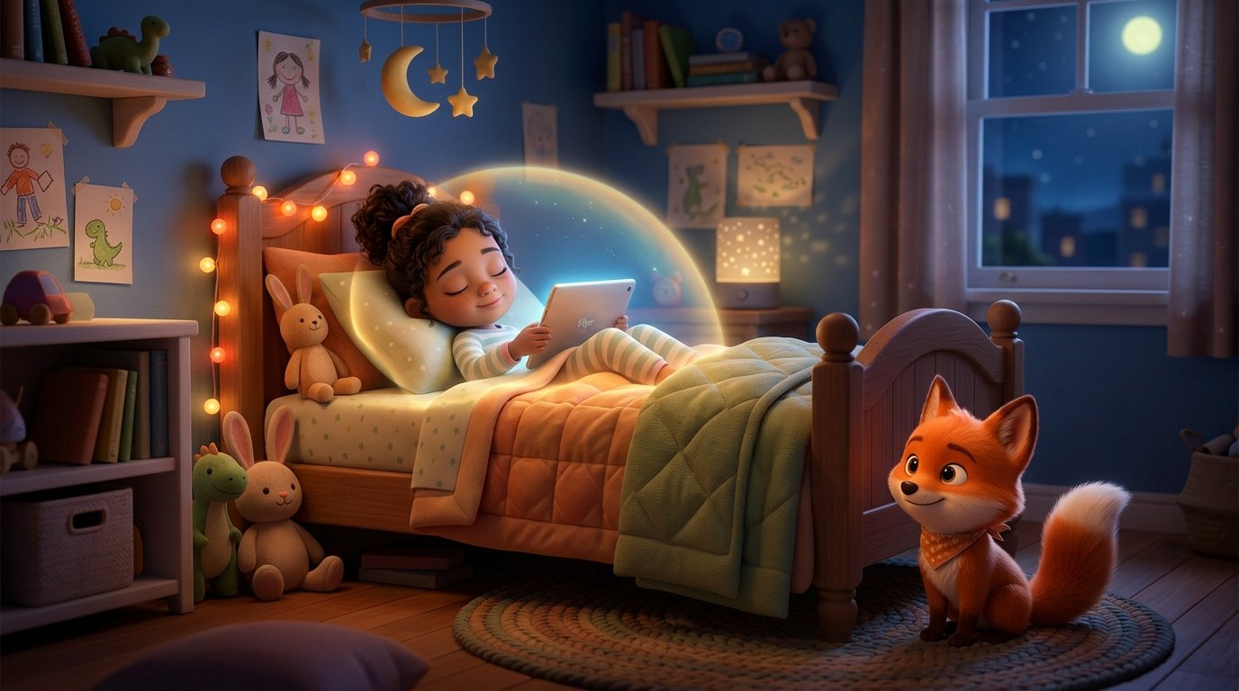 Illustrazione di un bambino al sicuro a letto con un caldo bagliore protettivo attorno a un tablet, simbolo della sicurezza dei dati e della privacy dei bambini