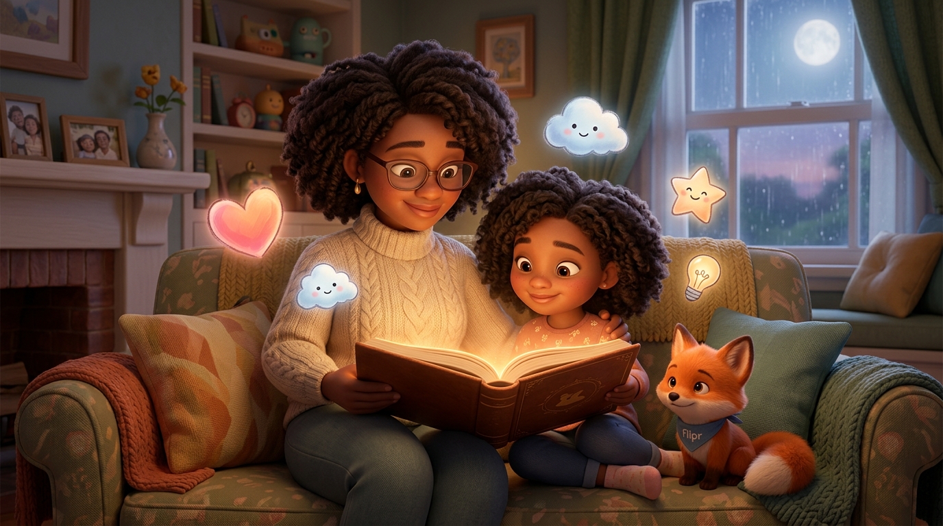Illustration d'un parent et d'un enfant parlant des émotions à travers une histoire, symbolisant l'utilisation des histoires pour parler des sentiments