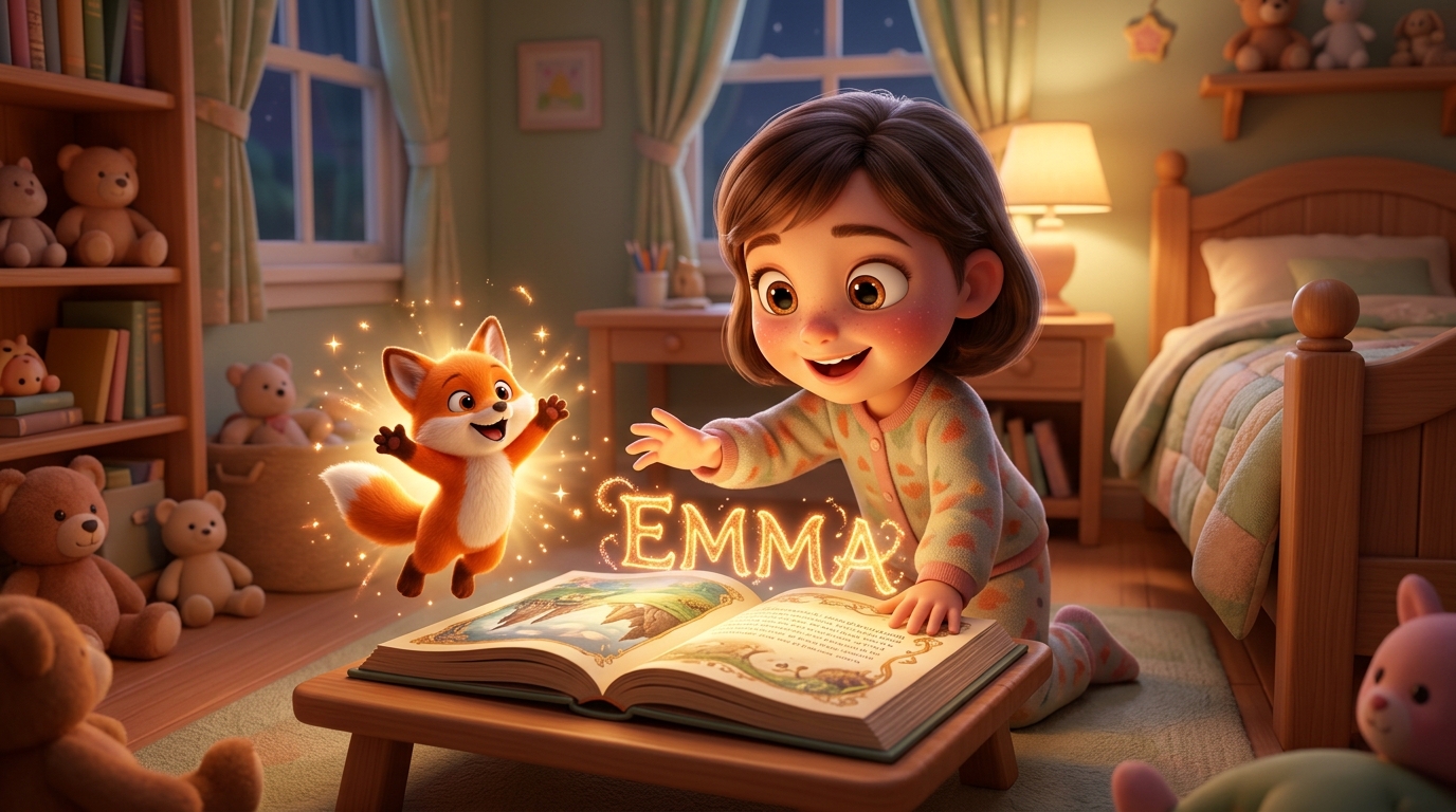 Ilustração de uma criança feliz vendo o próprio nome brilhar num livro de histórias, simboliza por que as crianças adoram ouvir o próprio nome nas histórias