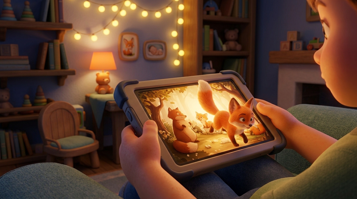 Illustrazione di un bambino con un tablet in cui una storia prende vita, a simboleggiare il tempo sullo schermo con la coscienza tranquilla
