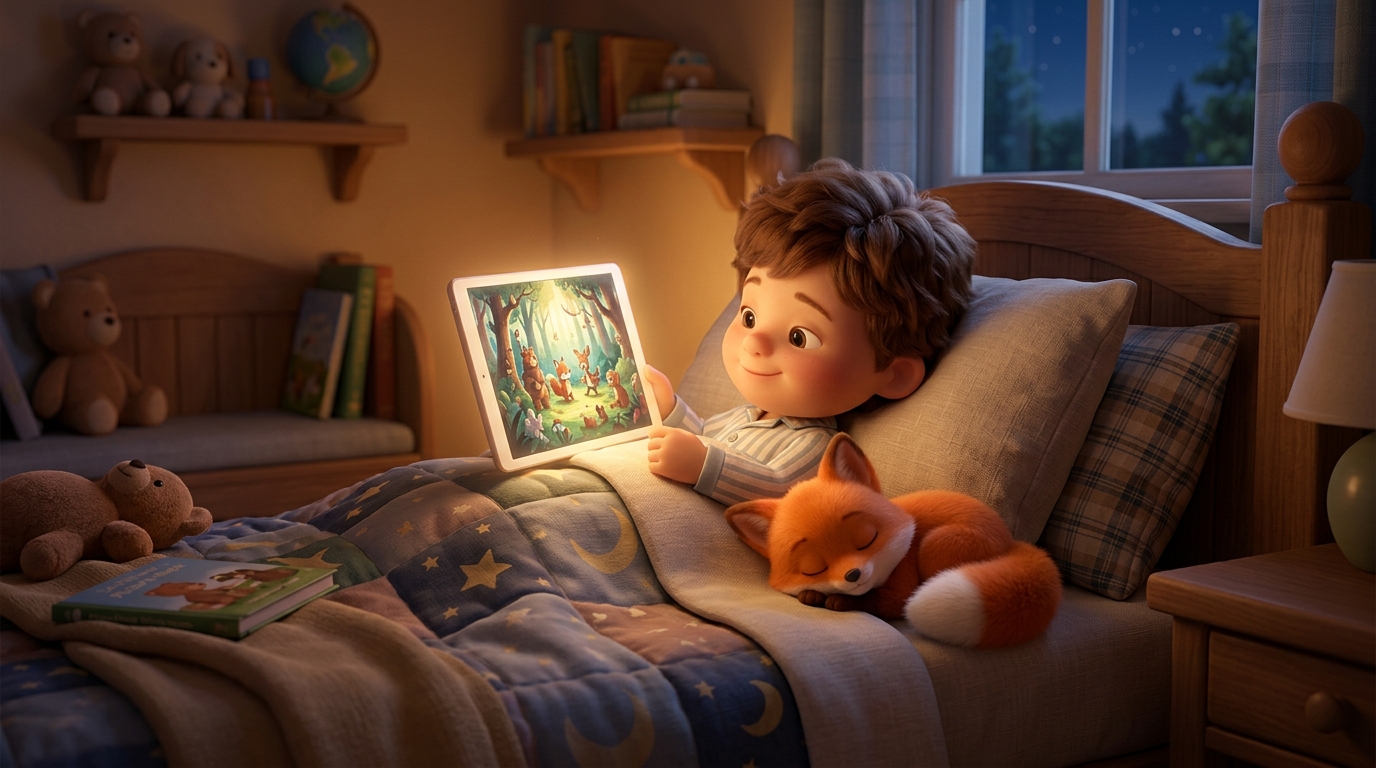 Illustration af et barn i seng med en tablet der viser en varm, illustreret historie, symboliserer godnathistorier på iPad