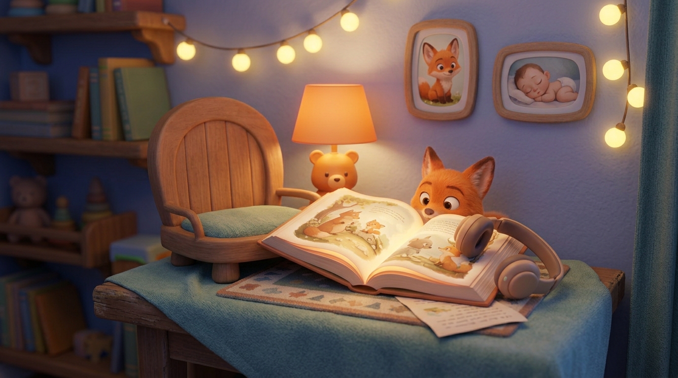 Ilustração de um canto de leitura aconchegante com um livro aberto e fones de ouvido, comparando a leitura em voz alta e os audiolivros.