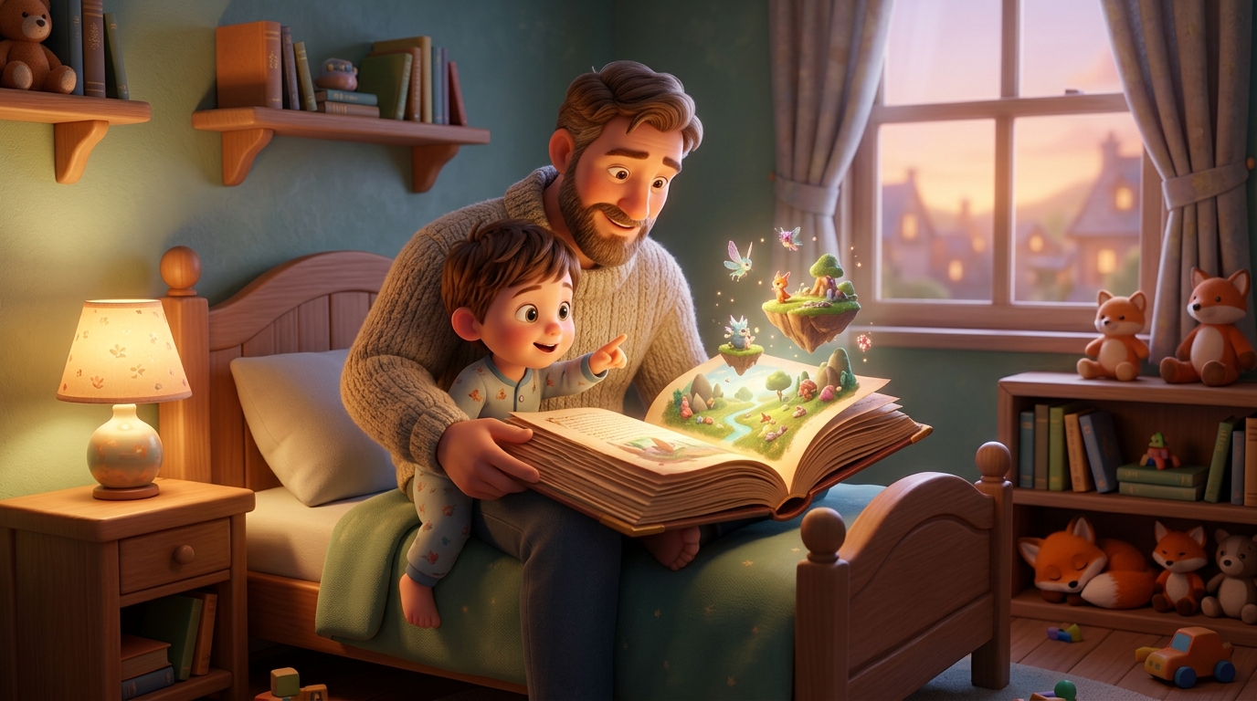 Illustration af en forælder og et barn der oplever en personlig, illustreret historie sammen, symboliserer forskellen ved personlige historieoplevelser