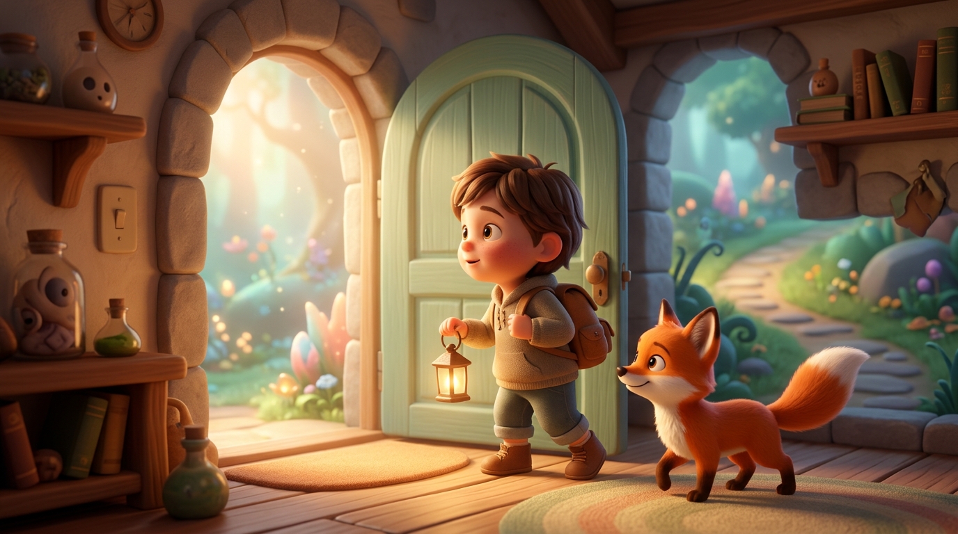 Illustration of a child bravely looking toward a lit doorway, symbolizing preparing a child for new experiences