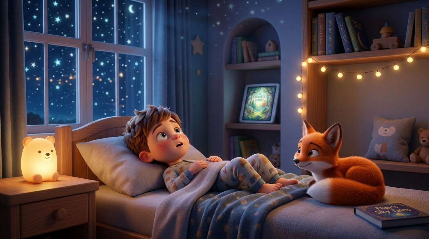 رسم توضيحي لطفل مستيقظ في السرير ليلاً وإلى جانبه ثعلب هادئ، يرمز إلى صعوبة النوم.