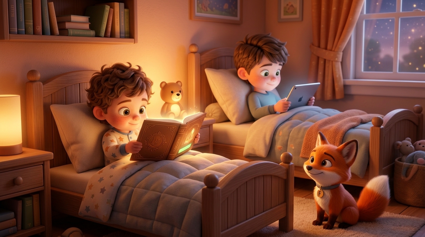 Illustratie van twee kinderen van verschillende leeftijden die allebei genieten van een verhaal voor het slapengaan, symboliseert de beste leeftijd voor verhalen