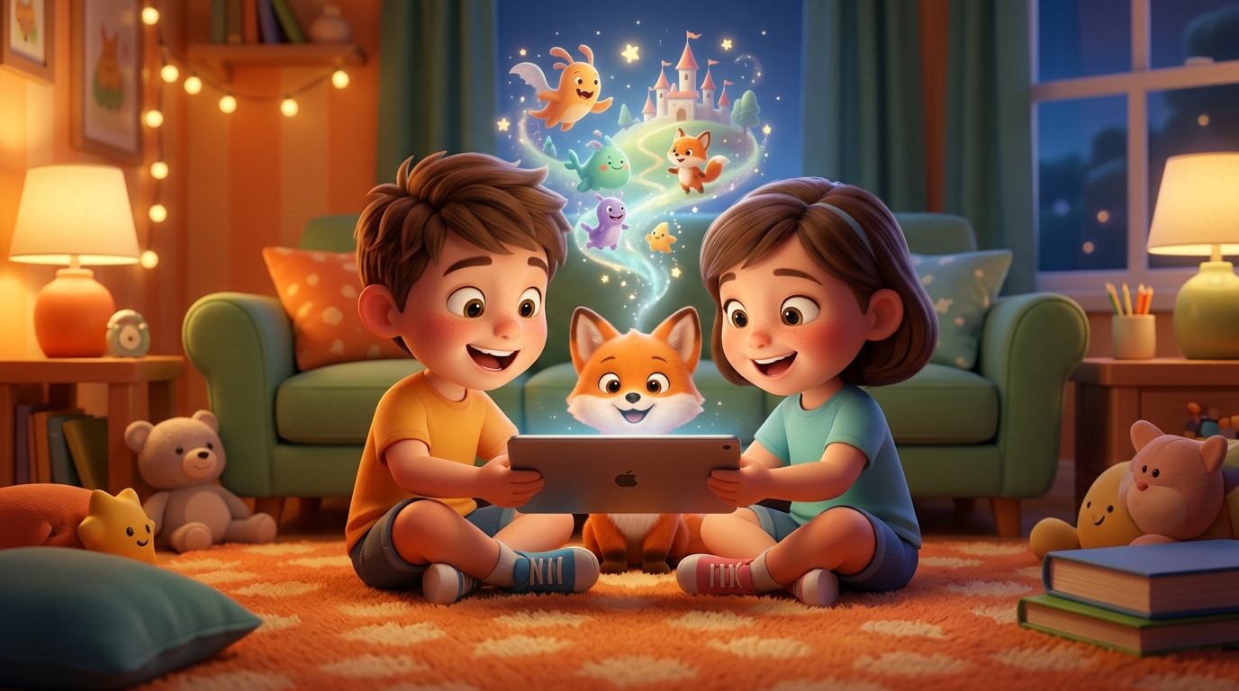 Illustrazione di due bambini che creano insieme una storia con gioia, simbolo di come le storie condivise rafforzino le amicizie