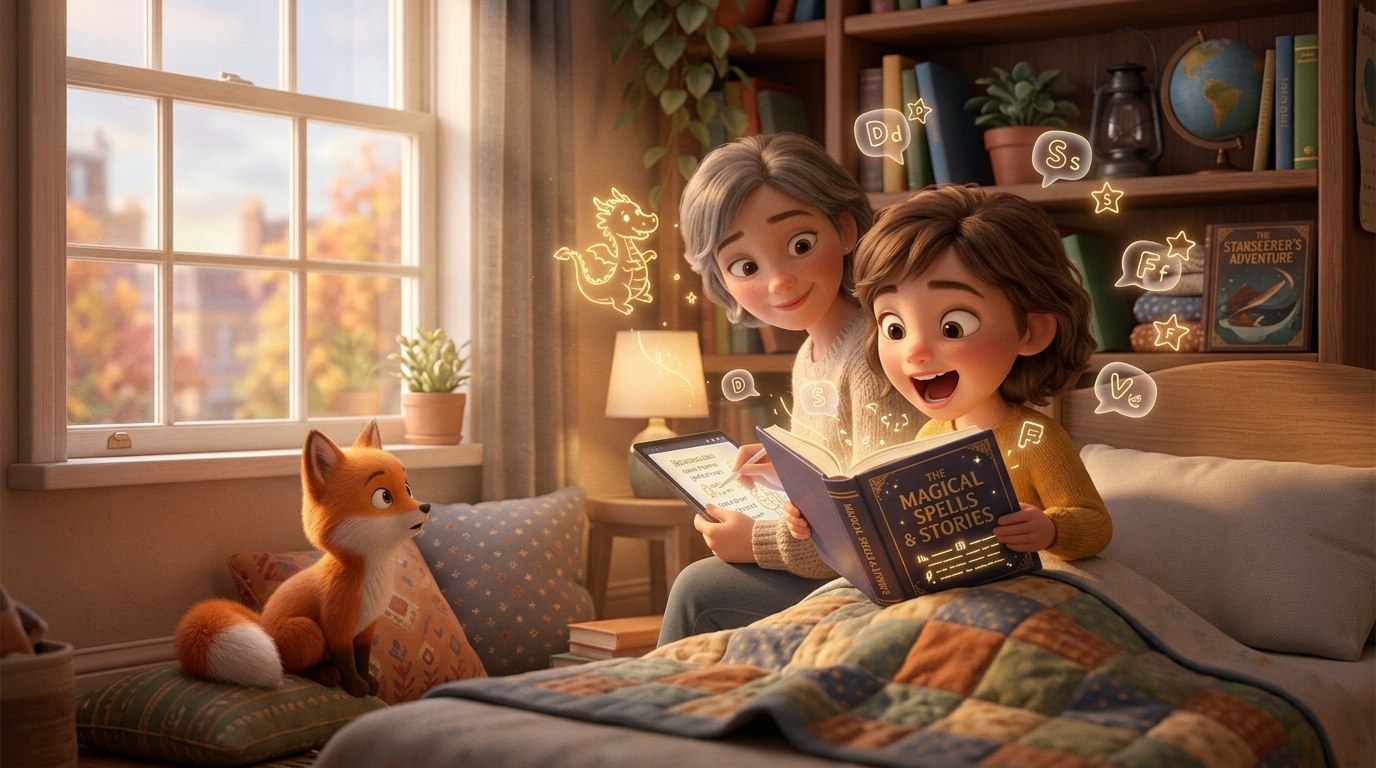 Illustrazione di un bambino che si esercita con nuove parole tratte da un libro di storie, a simboleggiare l'importanza delle storie per lo sviluppo linguistico del bambino
