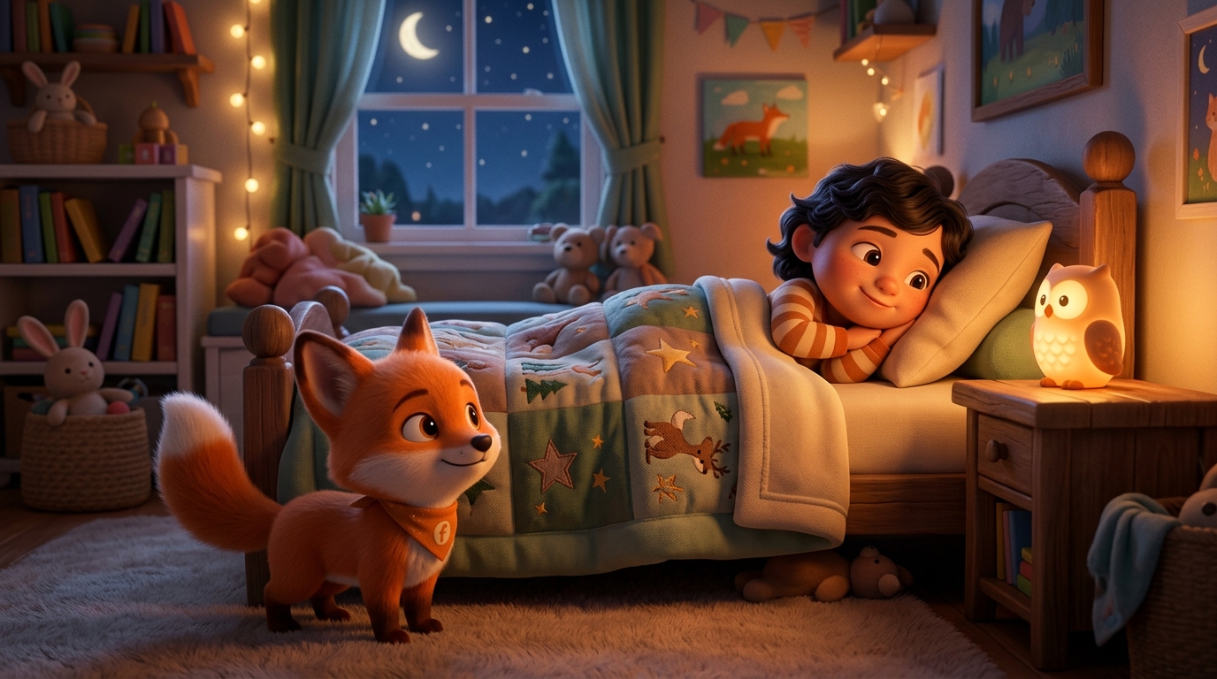 Illustrazione di un bambino al sicuro nel letto con una luce calda che allontana il buio, a simboleggiare storie contro la paura del buio e gli incubi