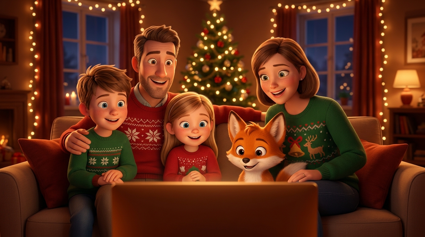 Familia reunida en ambiente navideño disfrutando de un cuento de Navidad personalizado junto al zorro Flipr