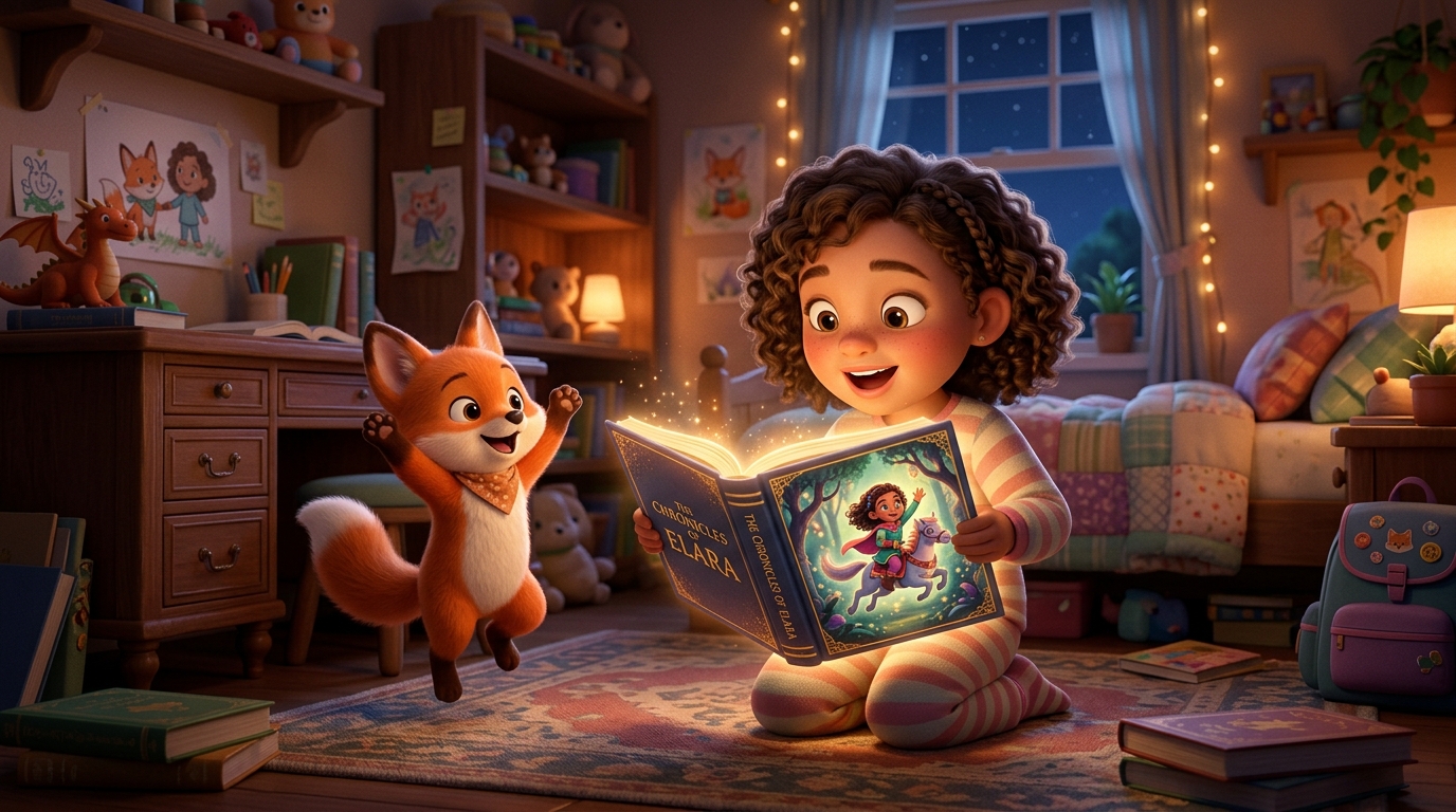 Illustratie van een kind dat zichzelf als hoofdpersoon in een verhalenboek ziet, als symbool voor waarom verhalen over zichzelf lezen kinderen sterker maakt