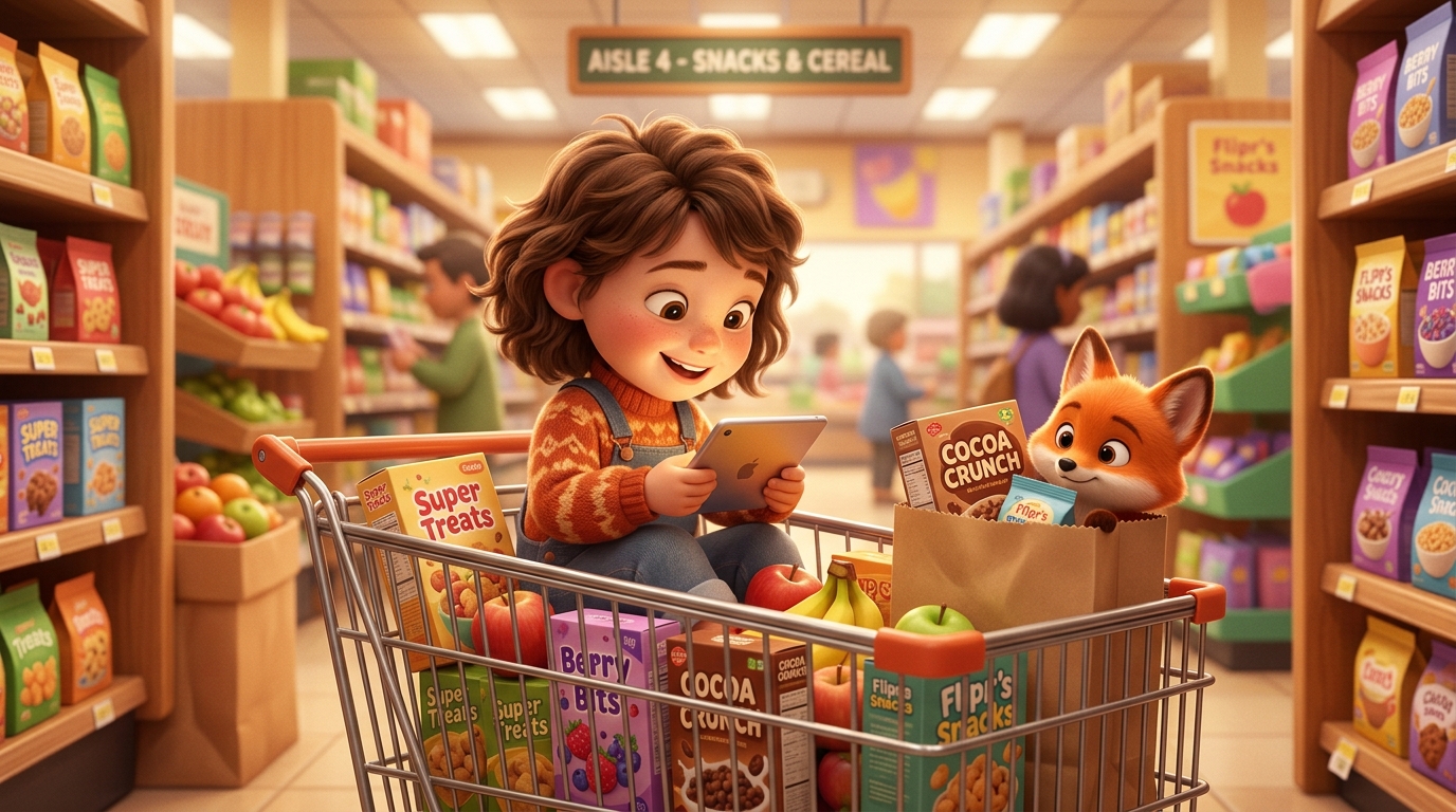 Illustrazione di un bambino felice nel carrello della spesa, coinvolto in una storia, che simboleggia come affrontare il supermercato con un bambino intrattenuto